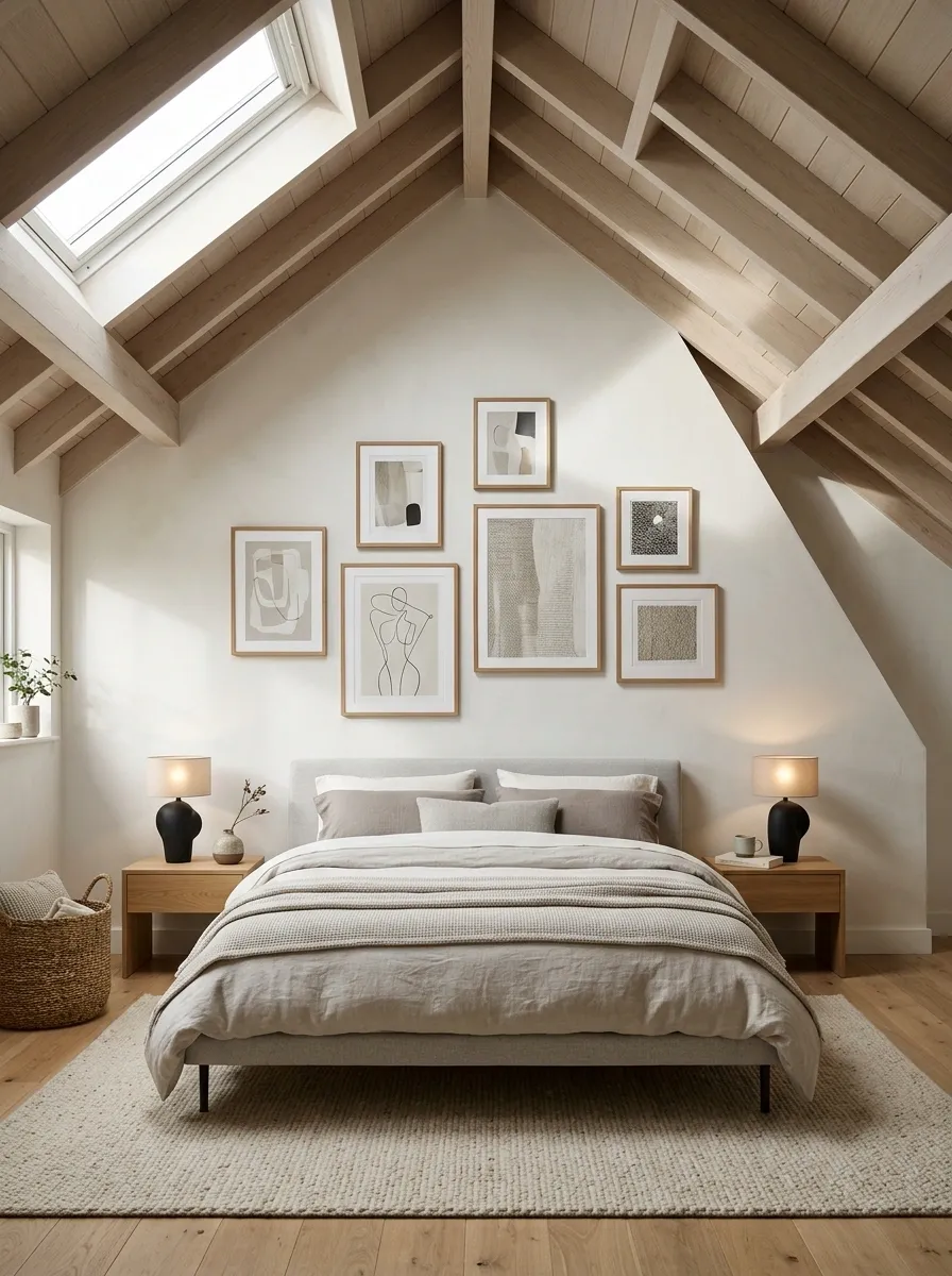 Gallery-Inspired Attic Bedroom With Large Artwork on the Tall Wall