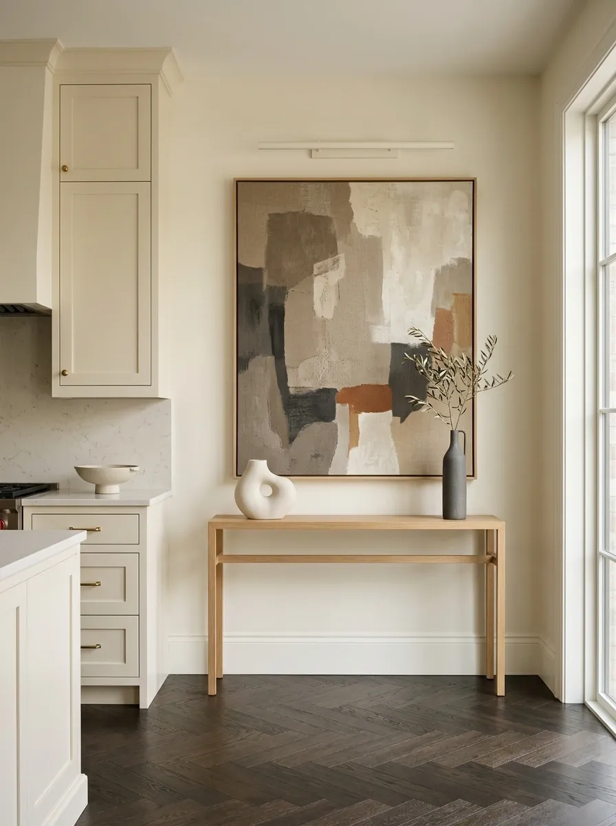 Gallery-Style Kitchen Corner With Art and a Slim Console