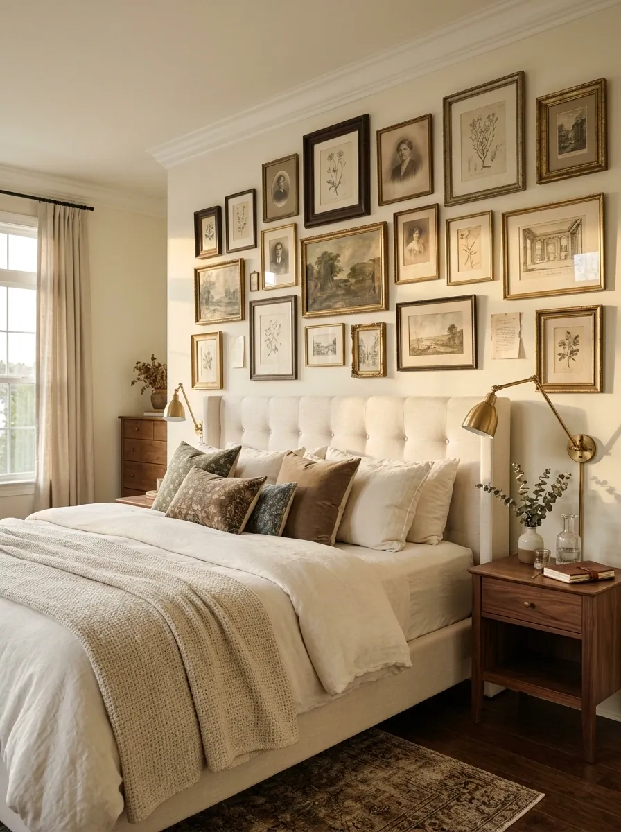 Gallery Wall of Uneven Vintage Frames Above an Ivory Bed