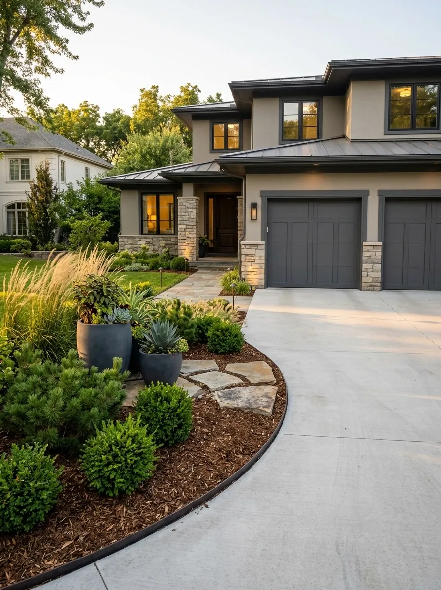 Garage Front With a Curved Planting Bed Breaking Straight Lines