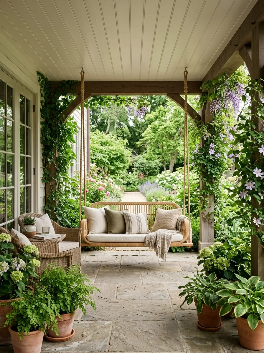 Garden-Facing Porch With Woven Swing and Dense Greenery