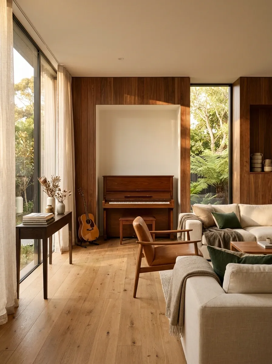 Garden Music Room With Wood Paneling and Comfortable Seating