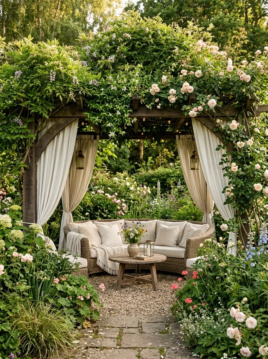 Garden Pergola With Greenery and Draped Curtains