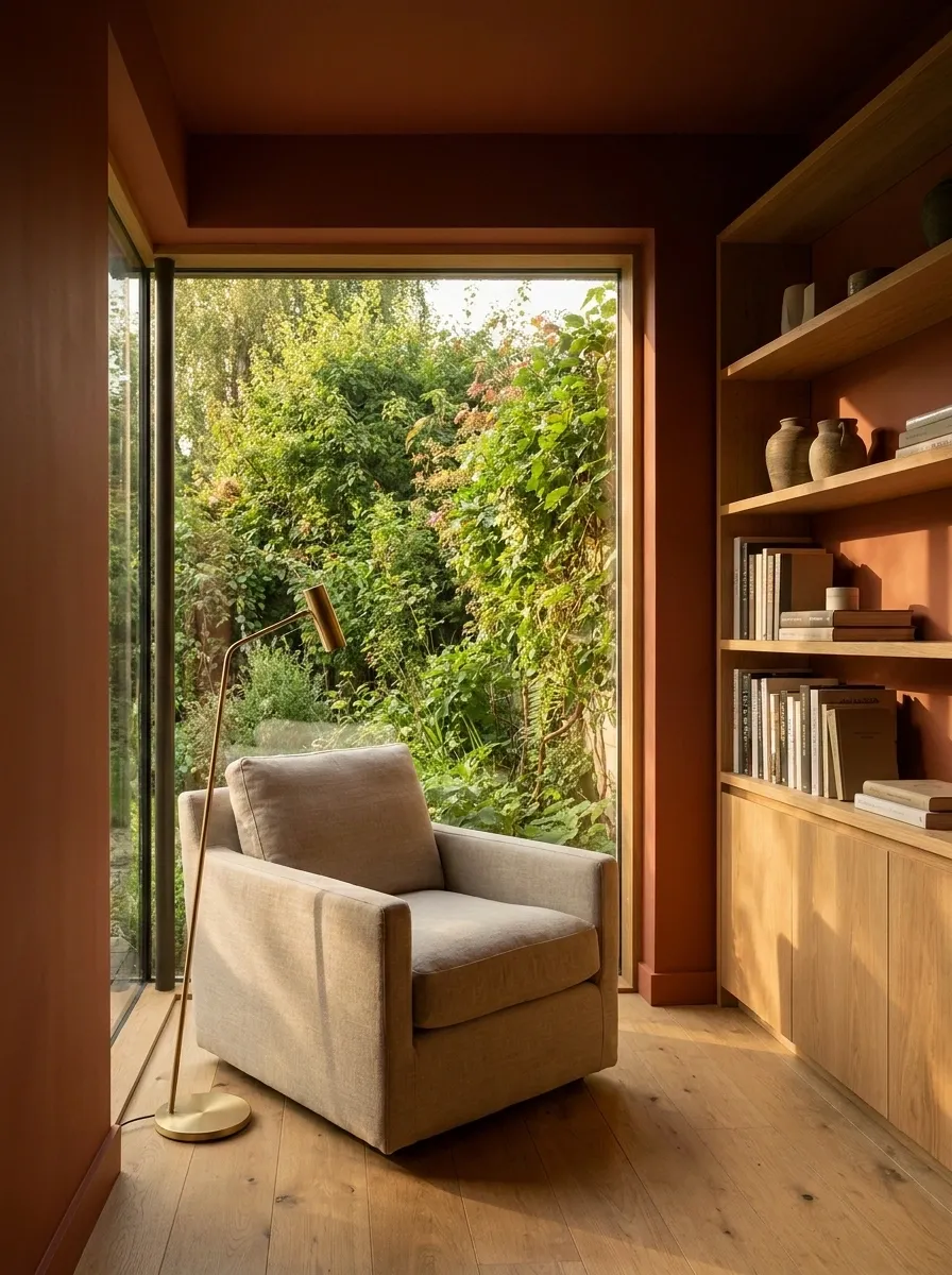 Garden Reading Room With Terracotta, Oak, and Greenery