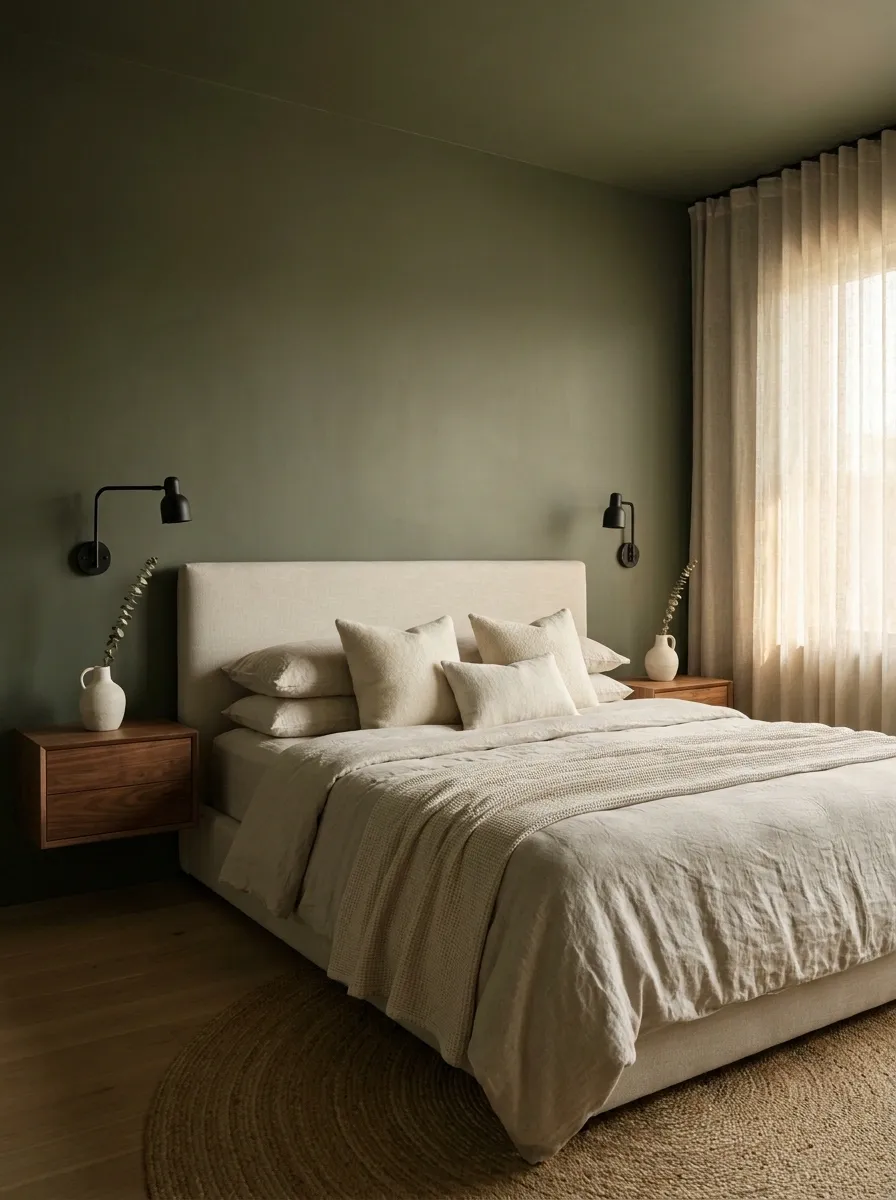 Give an Olive Bedroom a Soft Landing With Oatmeal Bedding