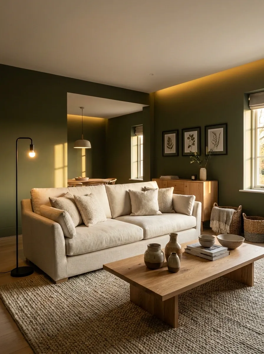 Give Olive Walls a Warm, Lived-In Living Room