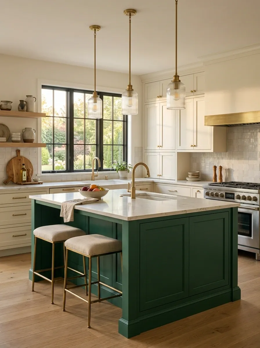 Give White Kitchen Cabinets an Emerald Green Island