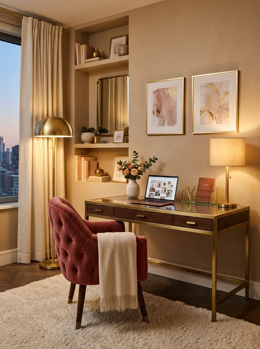 Glamorous Feminine Office With Velvet Seating