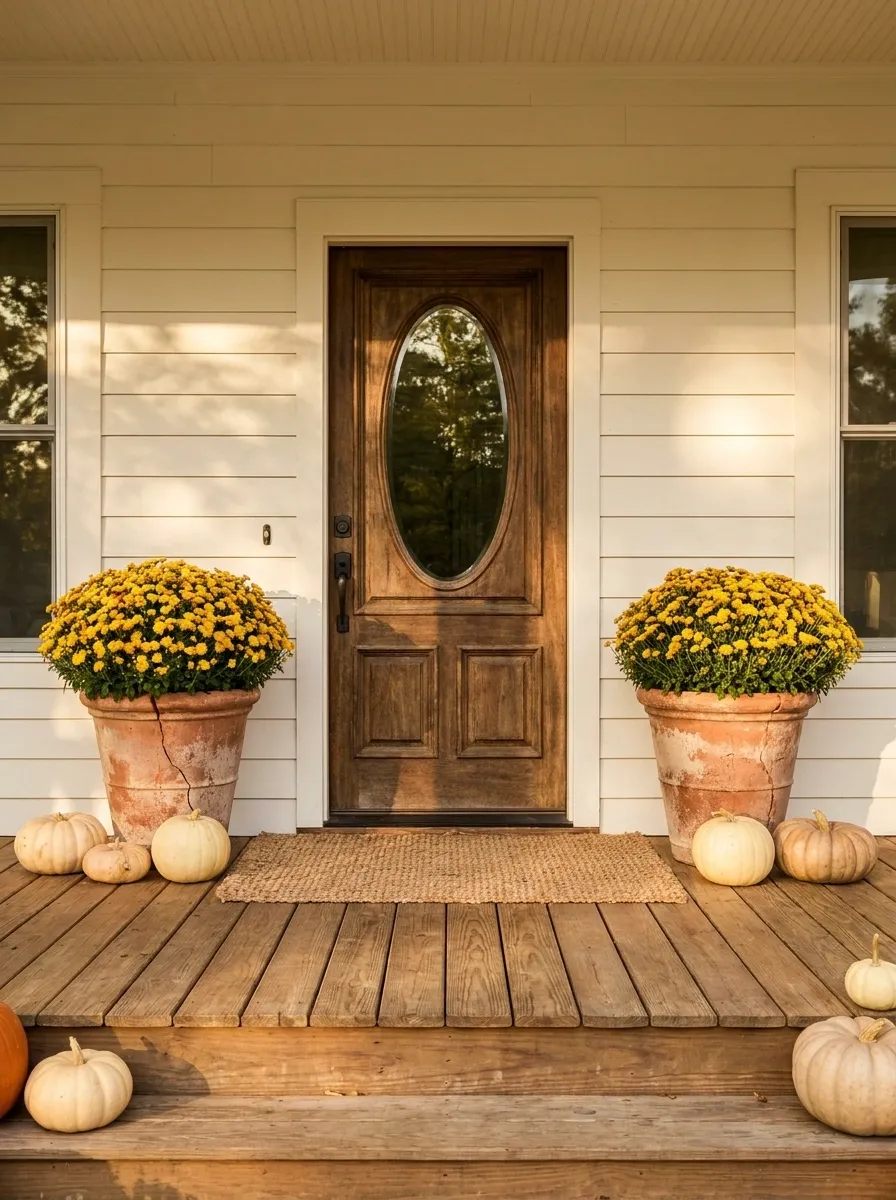 Golden Mums With Weathered Terracotta on a Soft White Porch