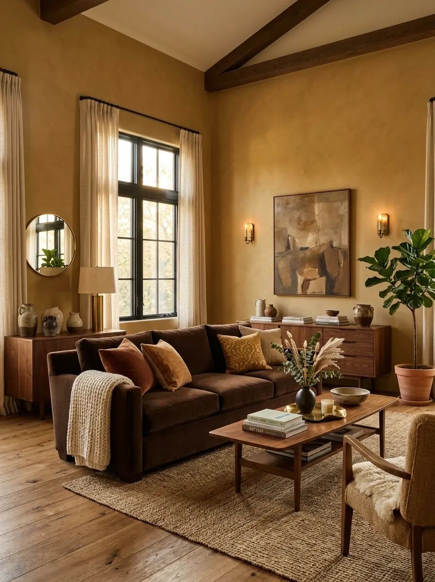 Golden Ochre Living Room With Deep Brown and Linen
