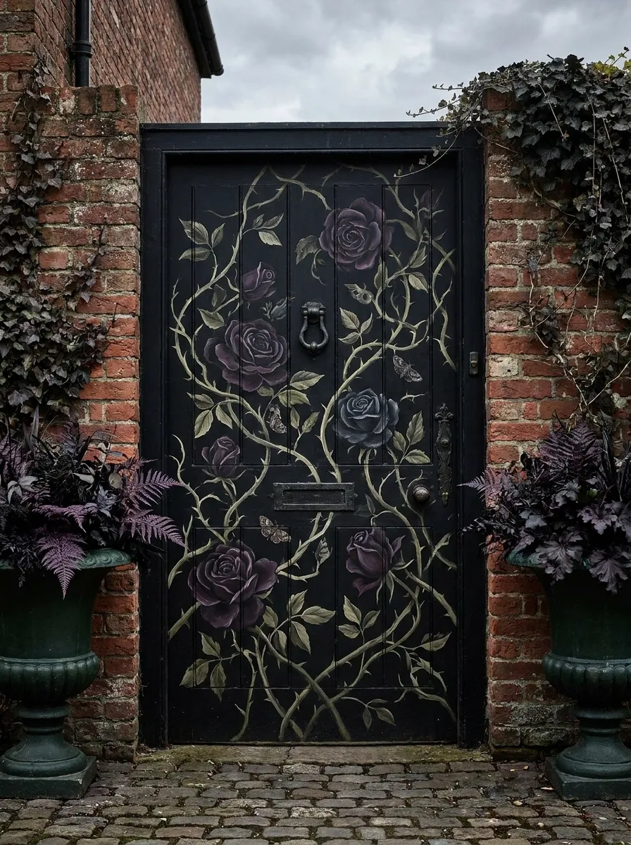 Gothic Botanical Door With Deep Plum and Olive Tones
