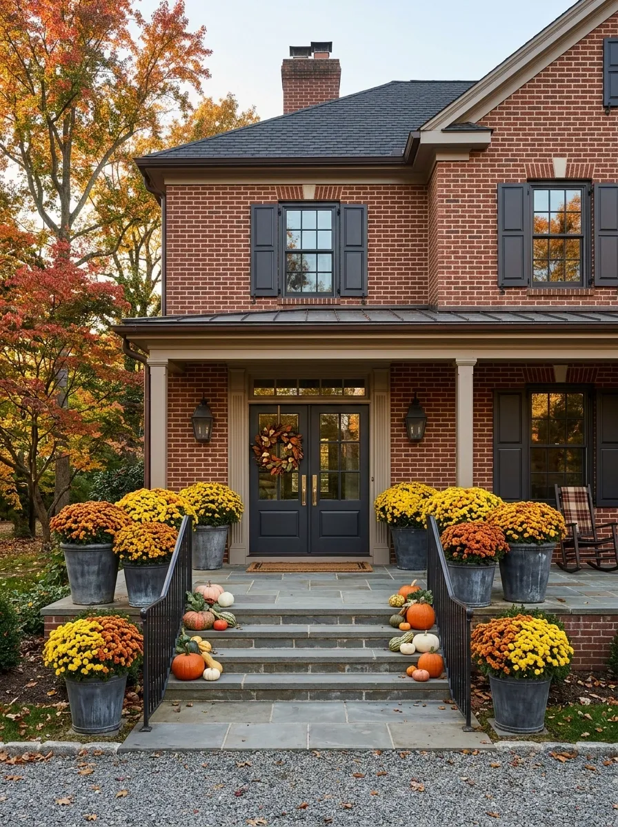 Grand Brick Porch With Repeated Large Mums
