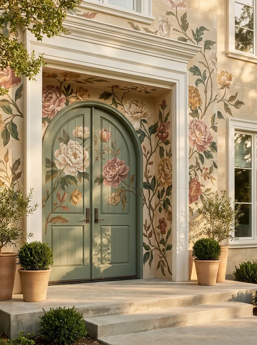 Grand Floral Entry Door With Full Surround Mural