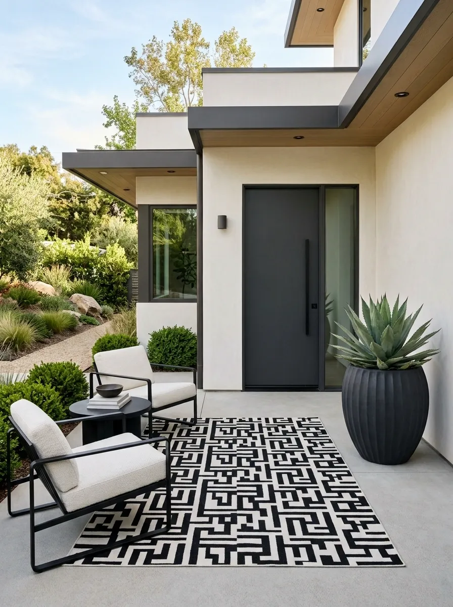 Graphic Black-and-White Rug With Contemporary Seating