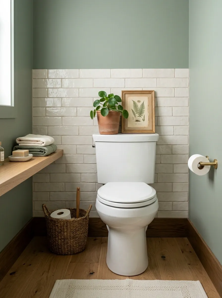 Green Bathroom With Botanical Styling and Natural Wood
