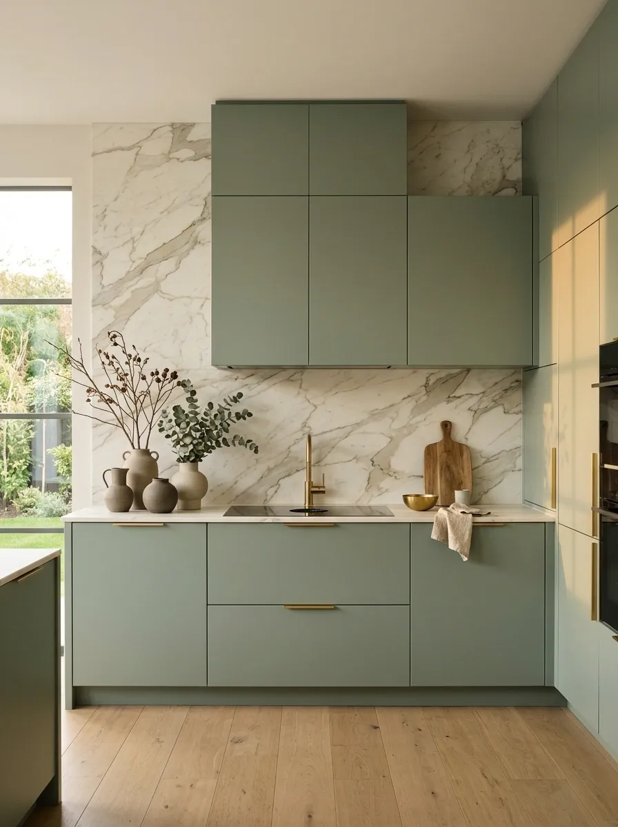 Green Kitchen With a Full Slab Stone Backsplash