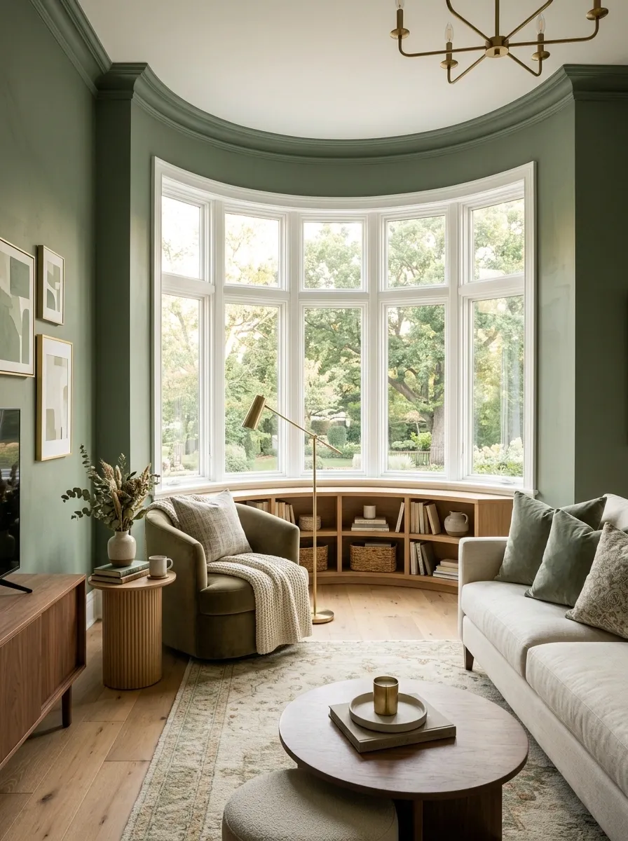 Green Living Room With a Bay Window Reading Corner