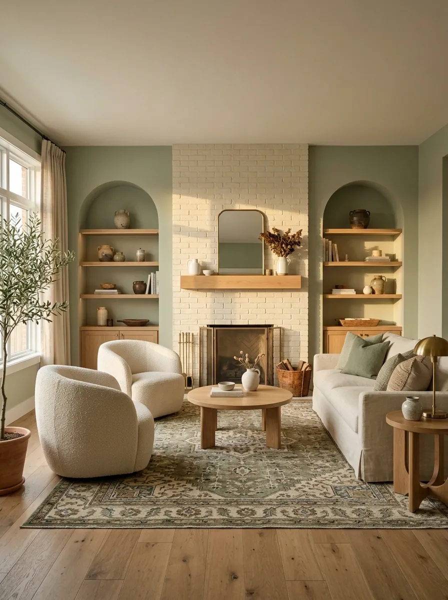 Green Living Room With a Cream Brick Fireplace and Arched Alcoves