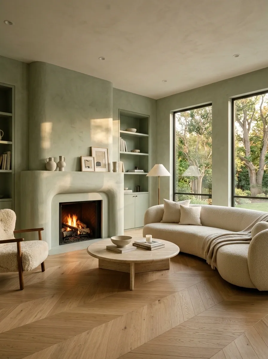 Green Living Room With a Plaster Fireplace and Curved Sofa