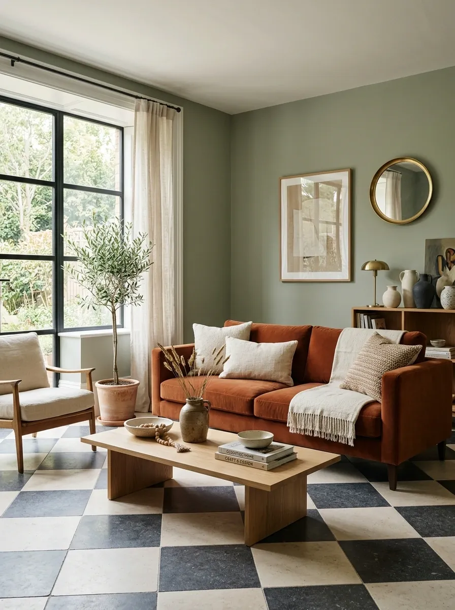 Green Living Room With a Rust Sofa and Checkerboard Stone Floor