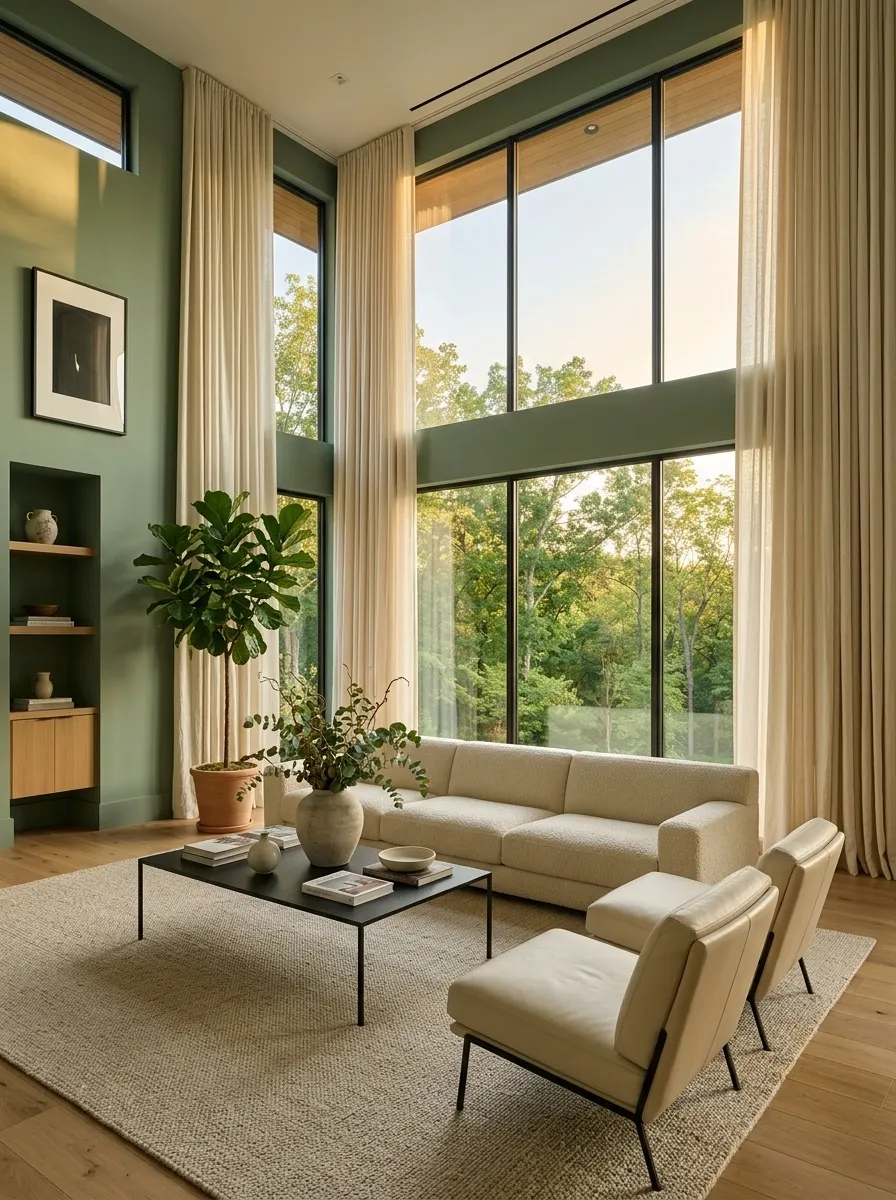 Green Living Room With Floor-to-Ceiling Curtains and a Long Sofa
