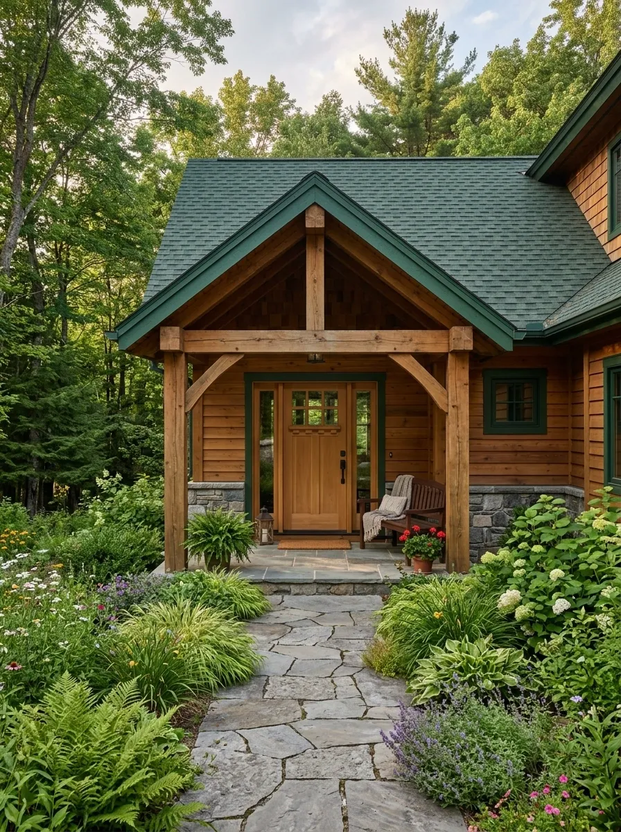 Green Roofed Porch With Natural Wood and Garden Planting