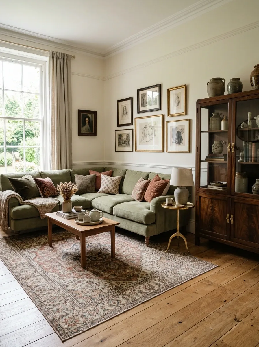 Green Sectional With Layered Vintage Furniture
