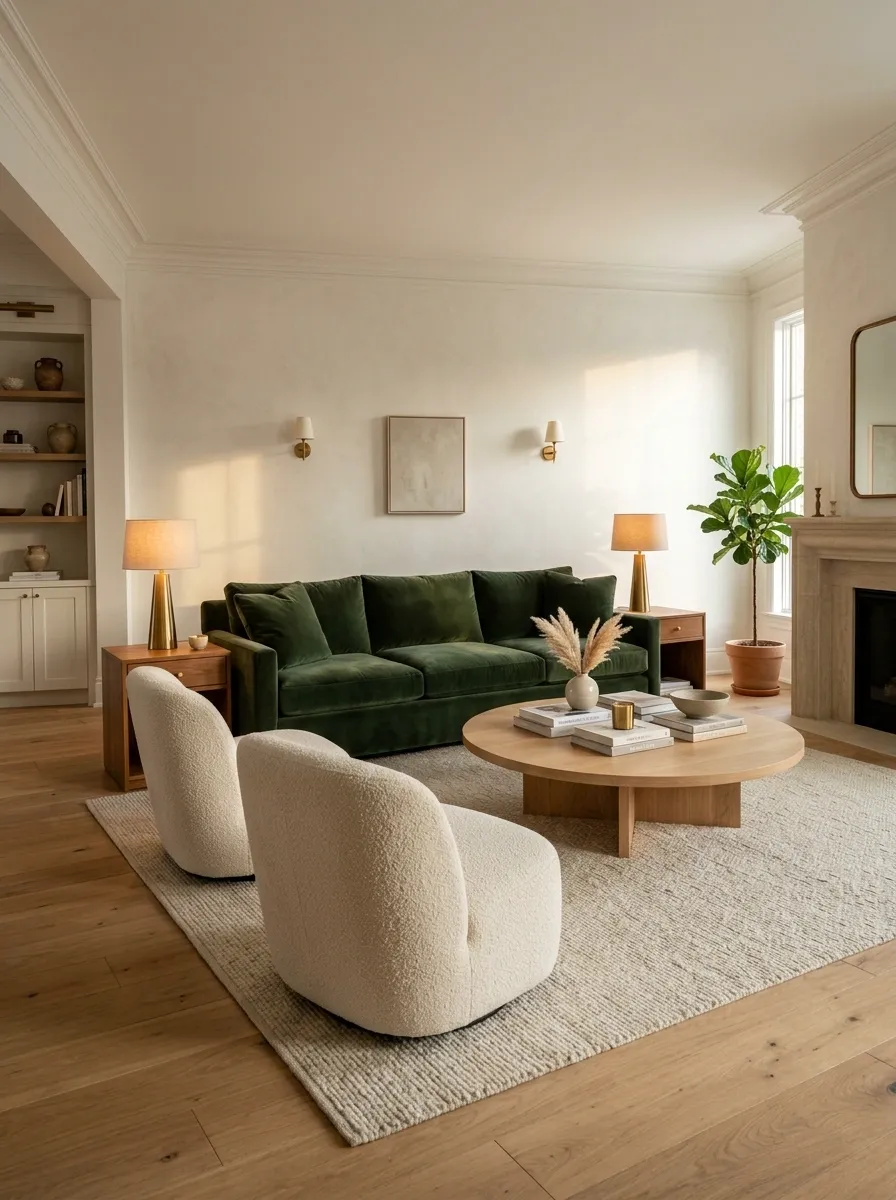 Green Sofa With Cream Companion Chairs and a Strong Conversation Layout