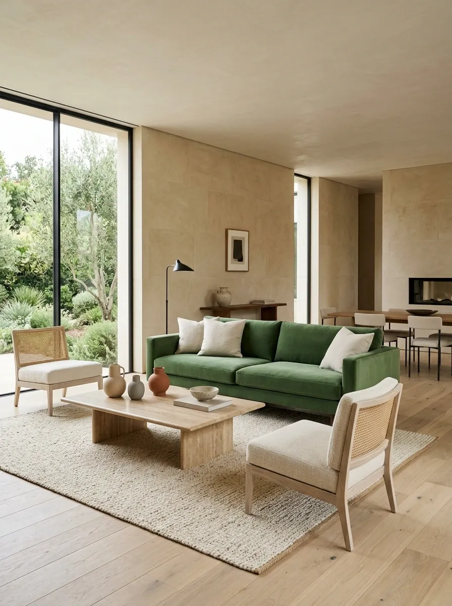Green Sofa With Warm Stone Tones and Pale Oak