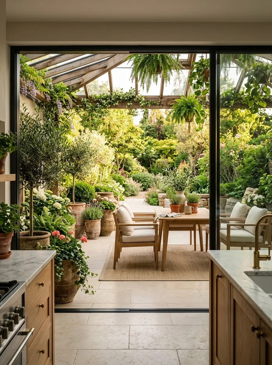 Greenhouse-Inspired Patio With Glass Doors and Garden Views