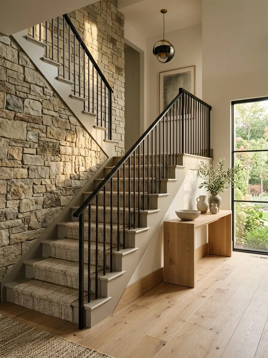 Greige Staircase With Stone Walls and Matte Black Railing