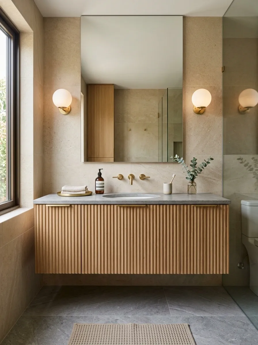 Grey and Beige Bathroom With Fluted Oak Vanity