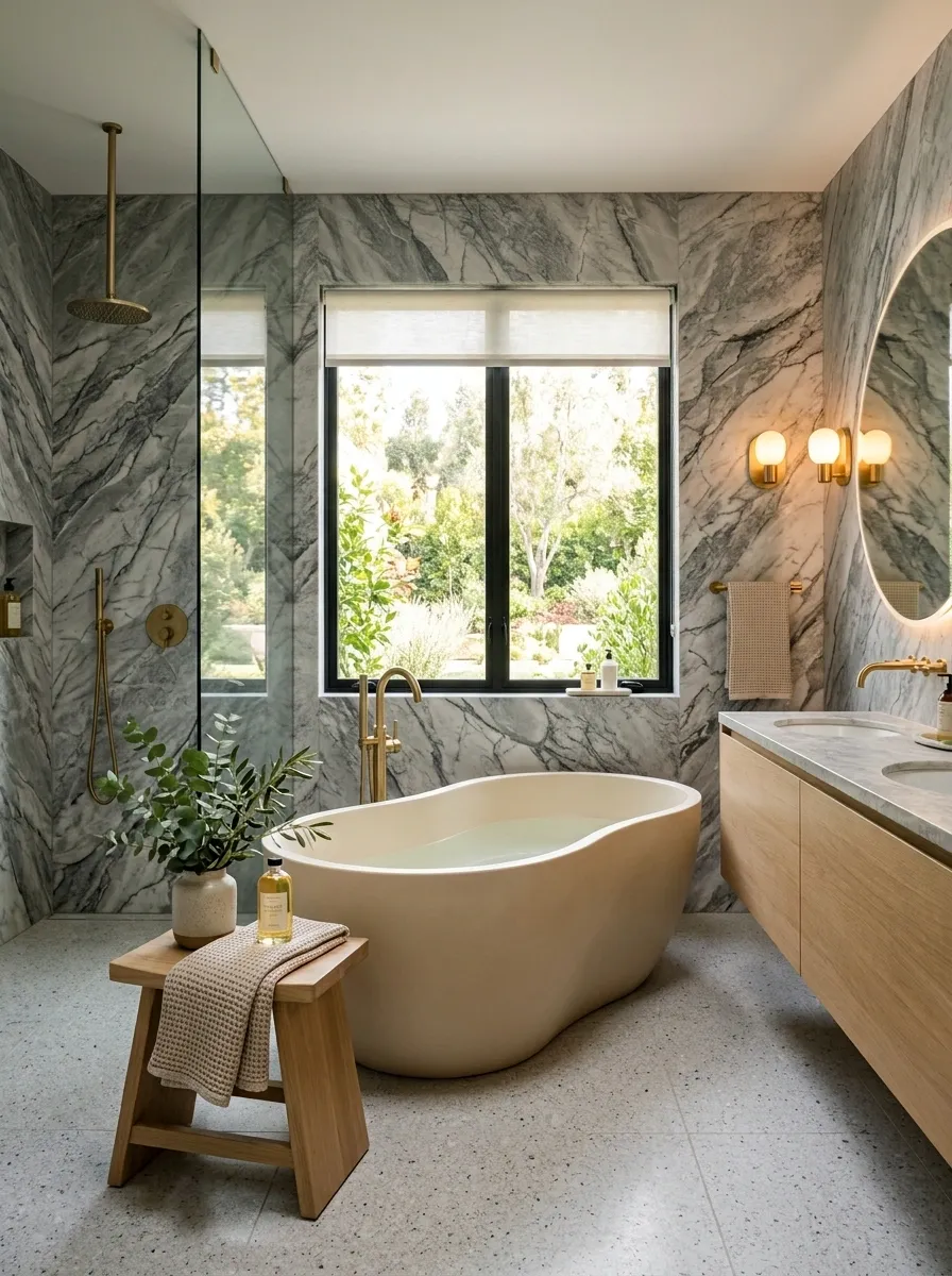 Grey Marble Bathroom With Creamy Beige Freestanding Tub