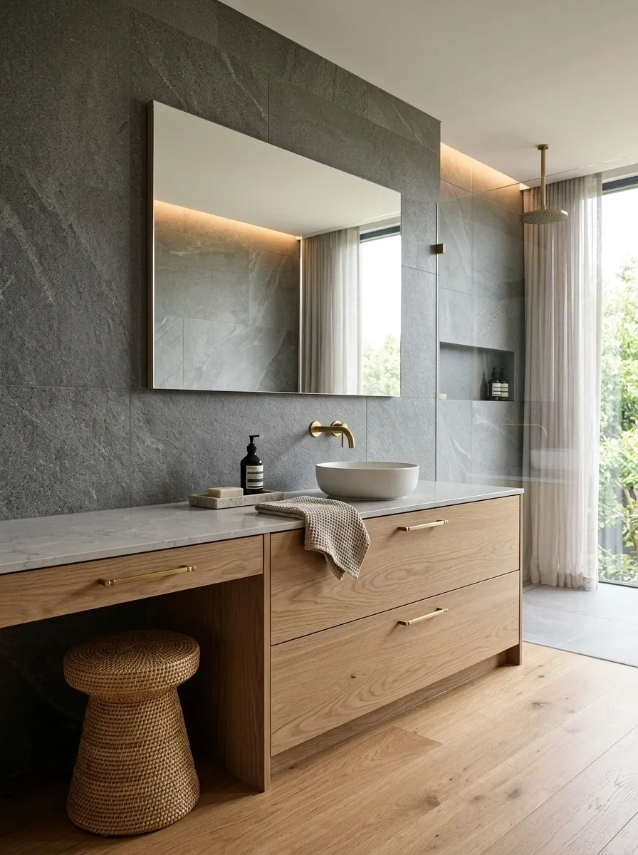 Grey Stone Bathroom With Natural Beige Oak Vanity