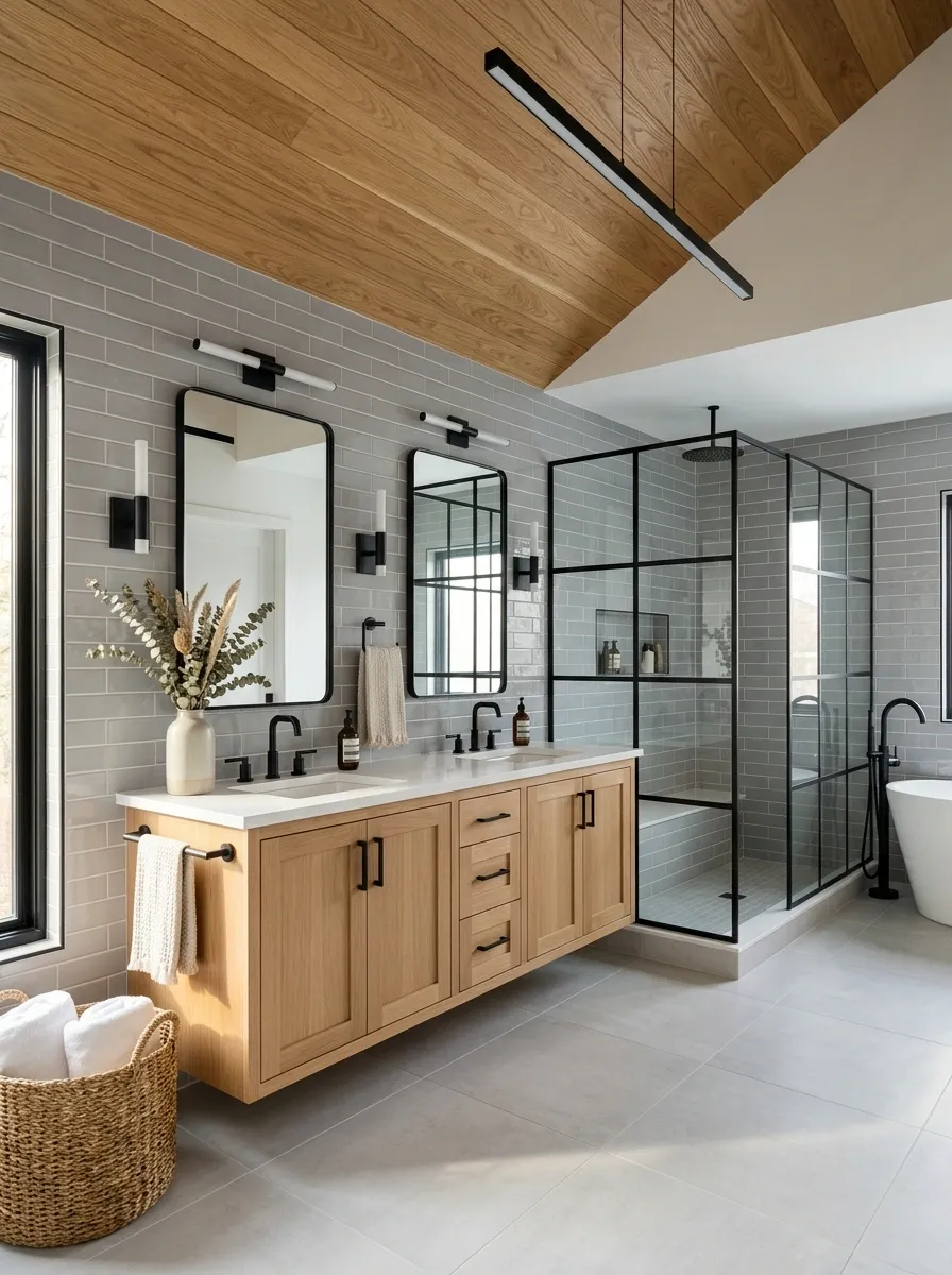Grey Subway Tile Bathroom With Warm Beige Wood Ceiling