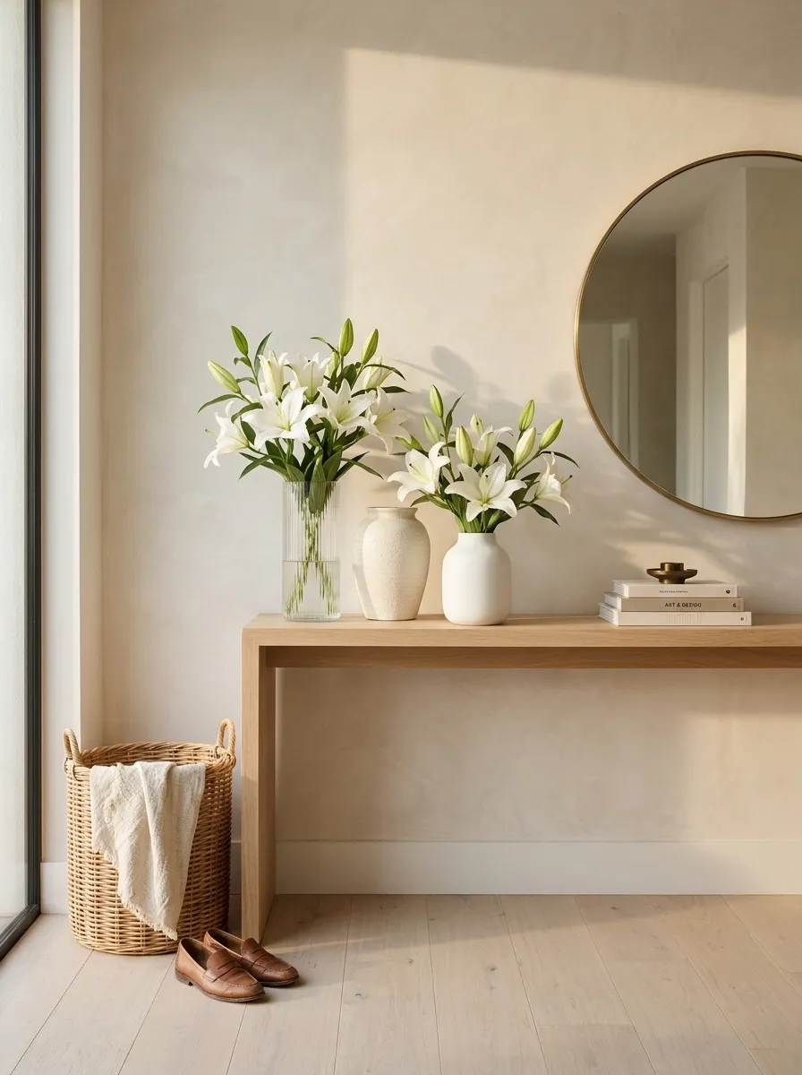 Group Three Small Lily Arrangements Across a Console