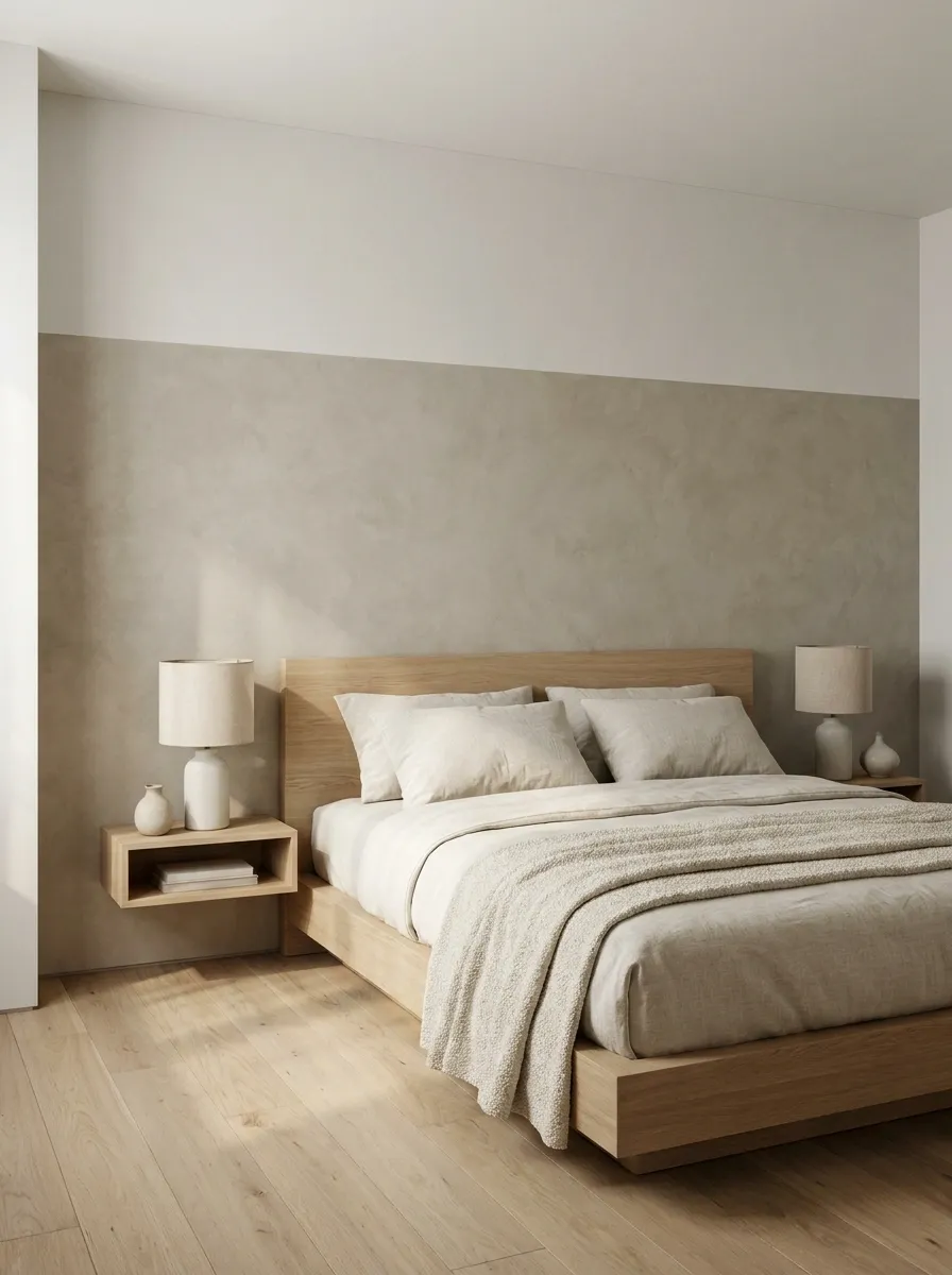 Half-Wall Plaster Treatment With Natural Wood Above
