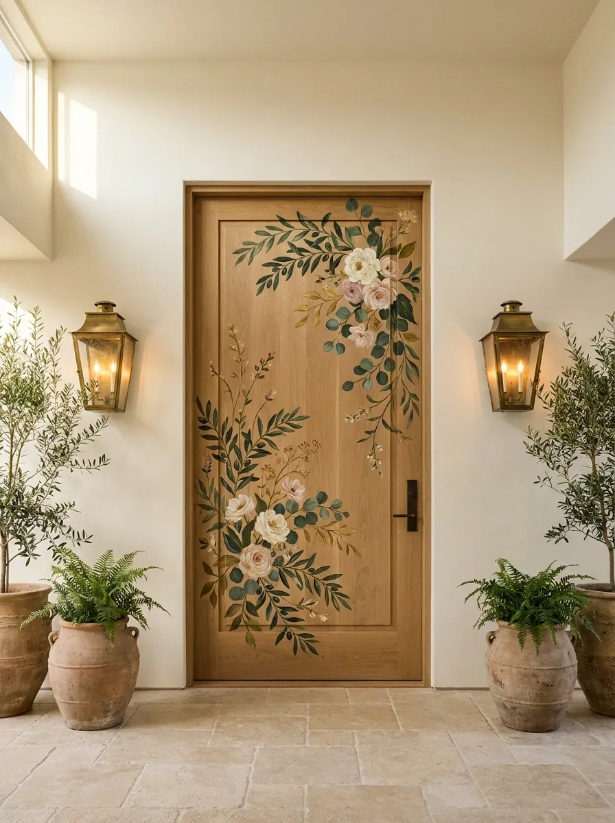 Hand-Painted Botanical Door With Deep Green Entryway