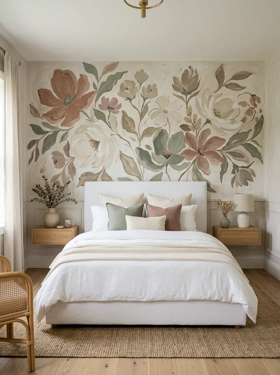 Hand-Painted Floral Mural Behind a Simple White Bed