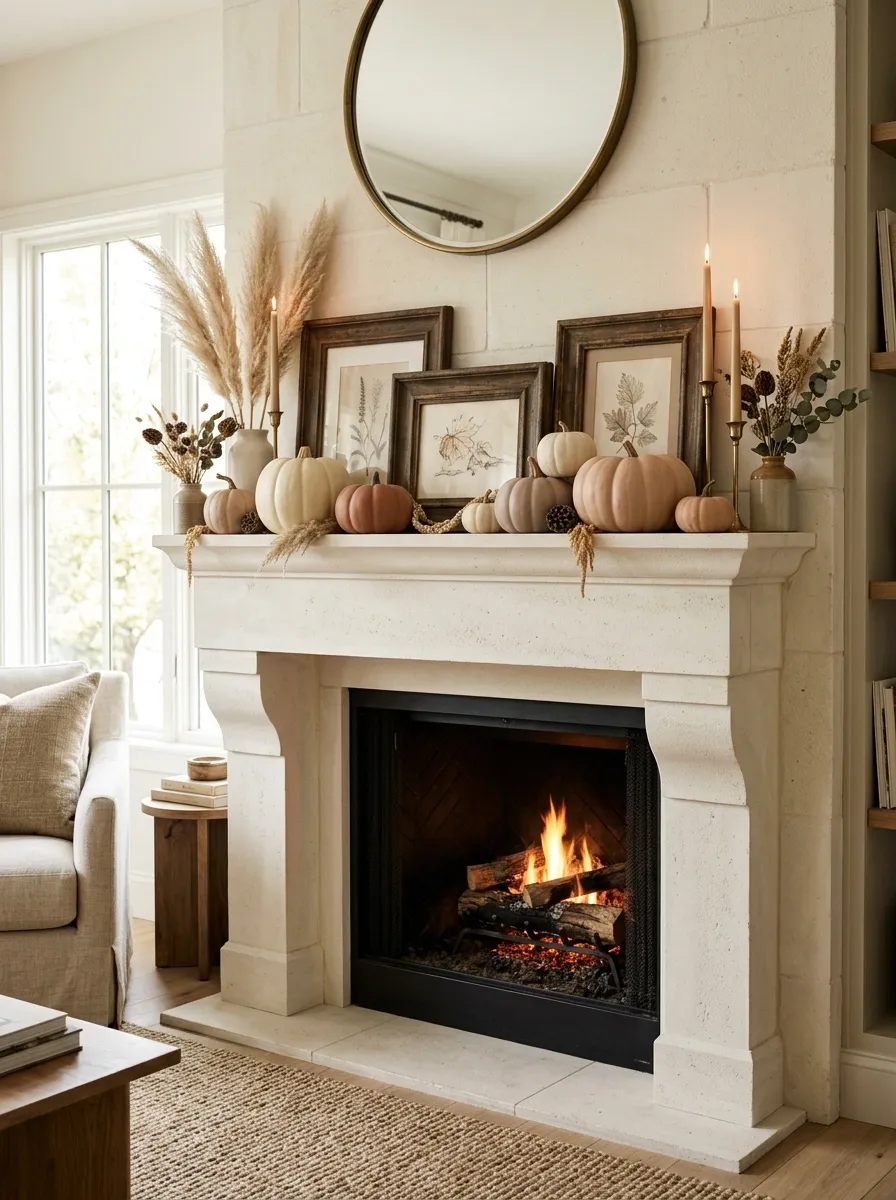Hand-Painted Pumpkin Mantel in Soft Neutrals