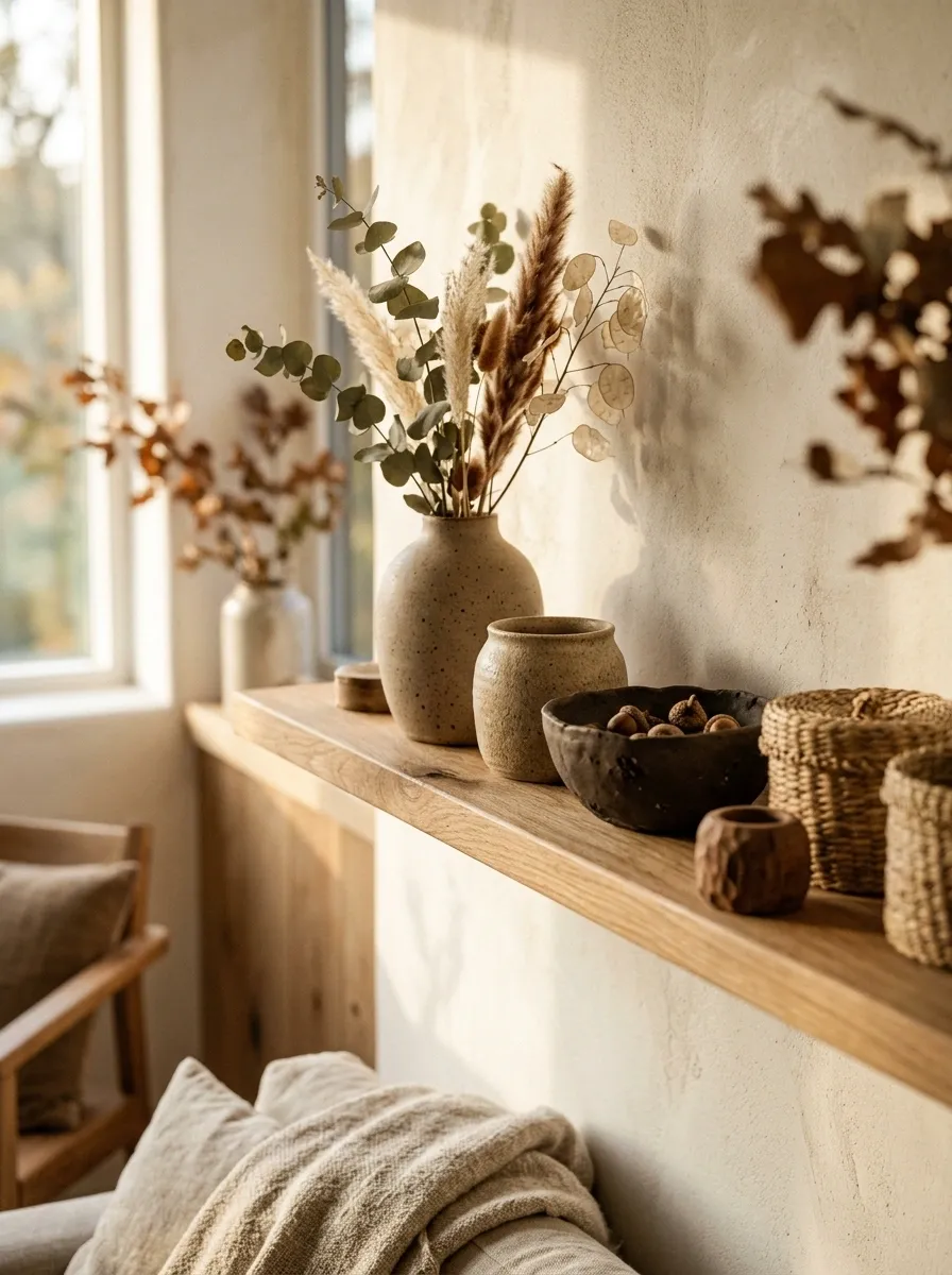 Handmade Artisan Shelf With Woven Baskets and Imperfect Ceramics