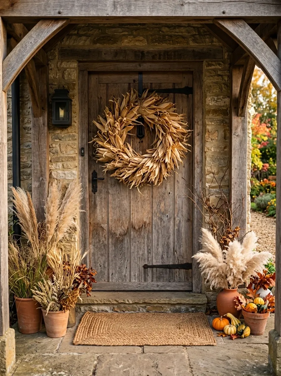 Handmade Corn Husk Wreath on a Natural Wood Door