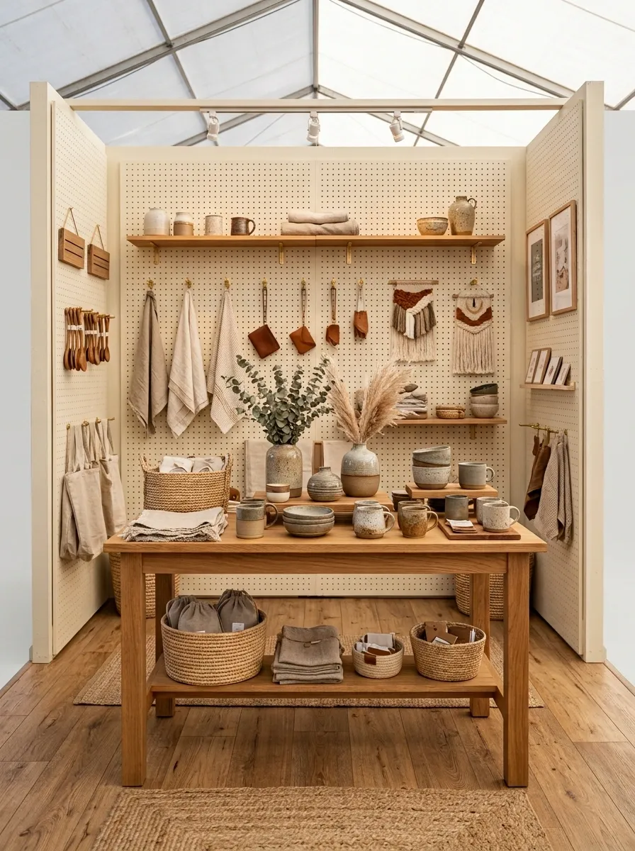 Handmade Craft Booth With Pegboard Walls and Natural Wood