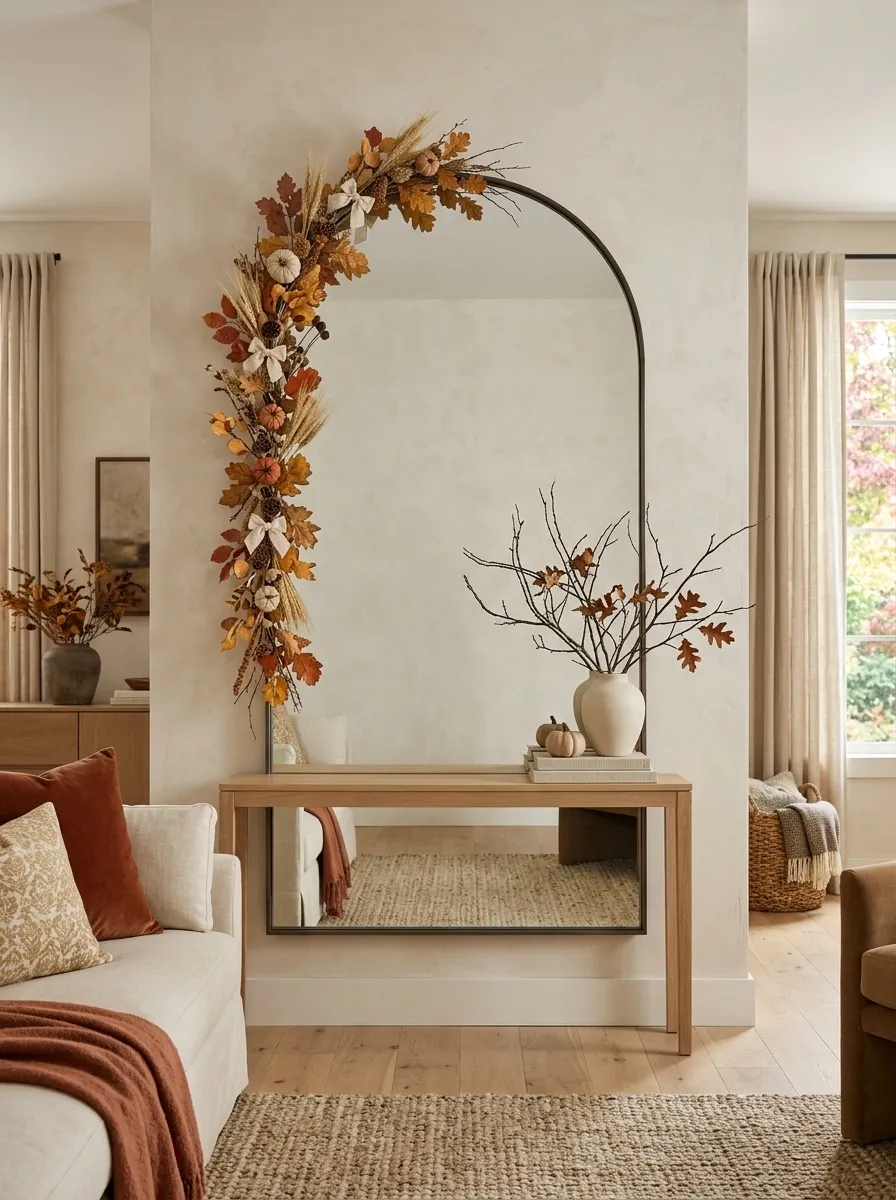 Handmade Fall Garland Around an Arched Mirror
