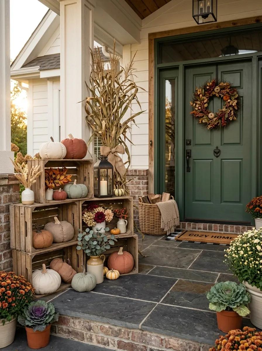 Handmade Fall Porch Display With Staggered Wooden Crates