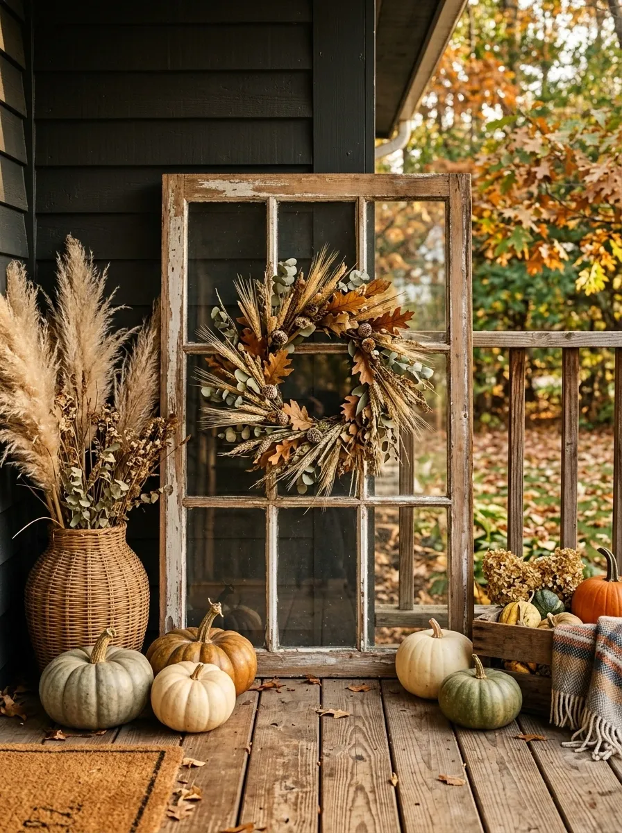 Hang a Simple Fall Wreath From an Old Window Frame