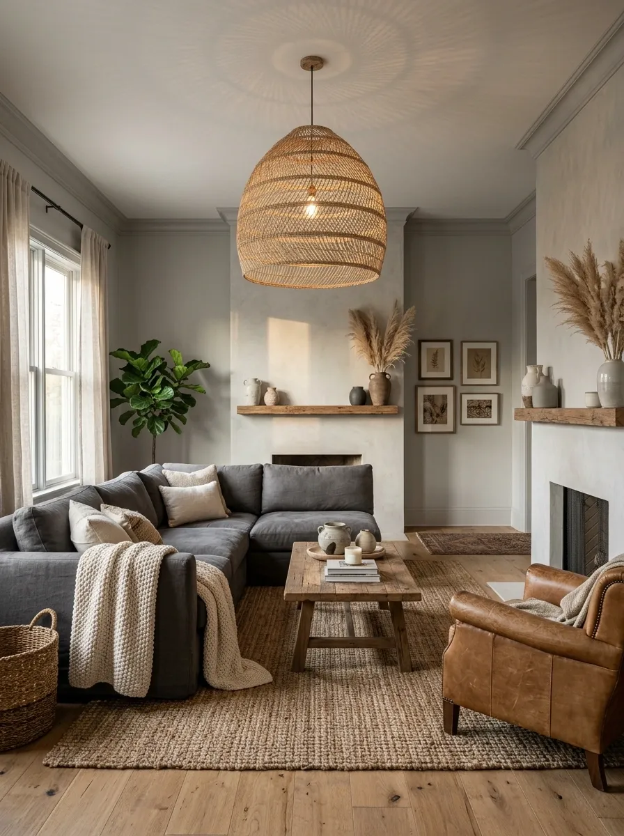 Hang a Woven Pendant Low Over the Seating Area