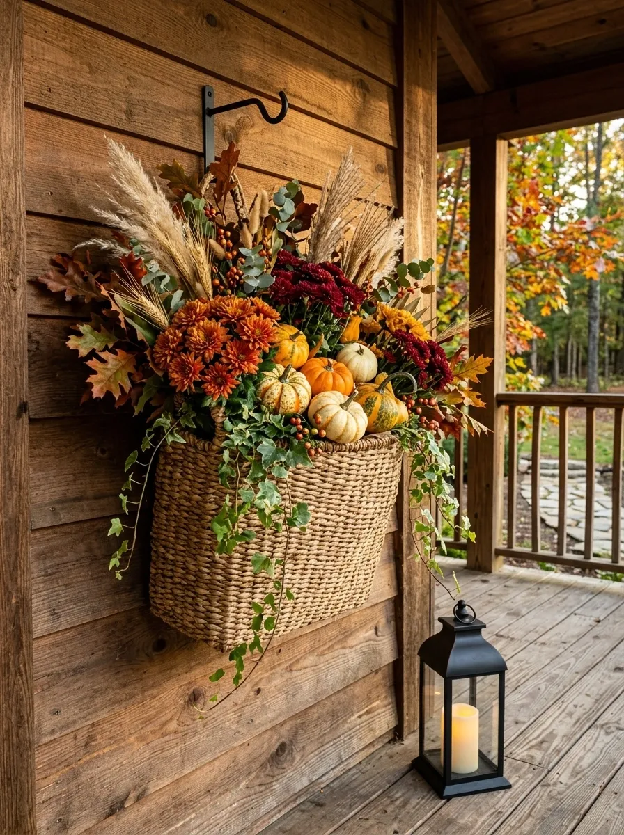 Harvest Basket With Mini Gourds And Cascading Vines