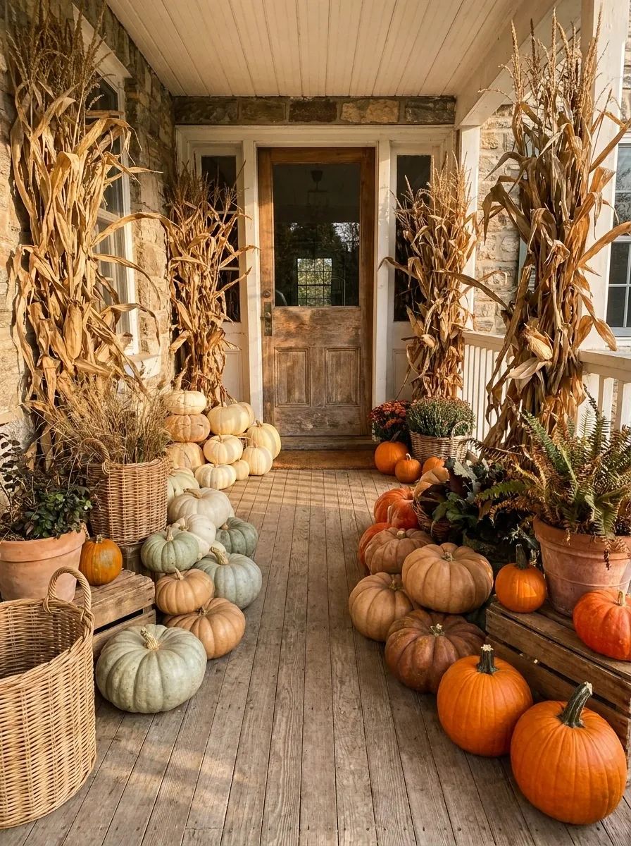 Harvest Porch With a Full Pumpkin Gradient Beneath the Corn