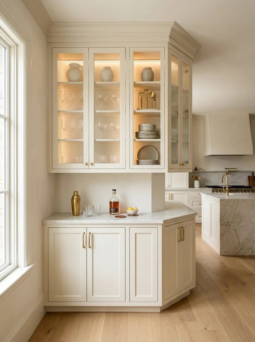 Hidden Corner Bar With Fluted Glass Doors